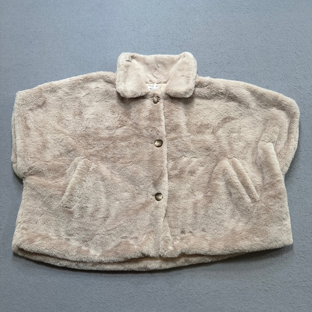 NEW Modena Faux Fur Cape Jacket Women's S/M Beige Button Front Plush Cozy Chic
